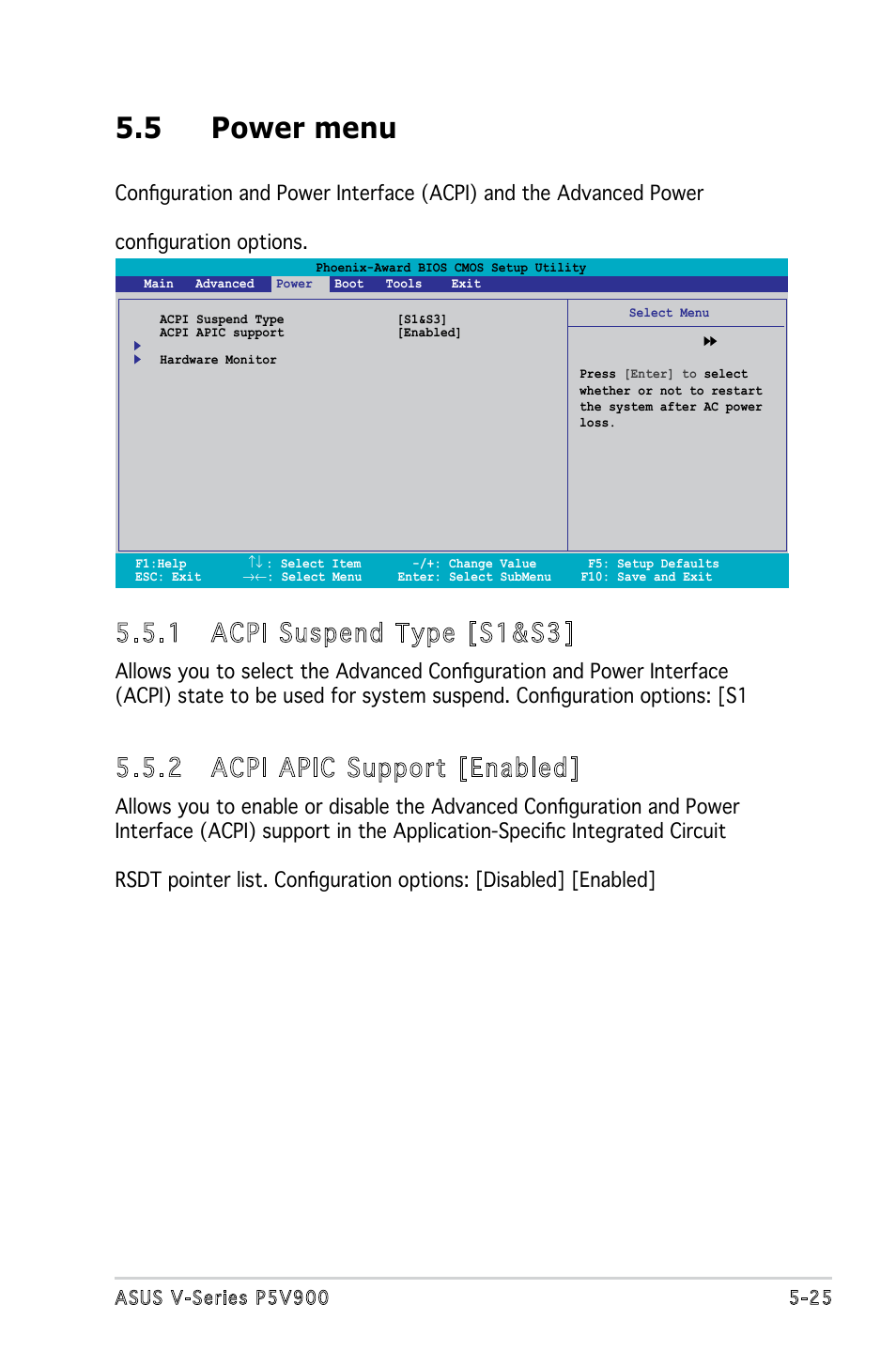 5 power menu, 1 acpi suspend type [s1&s3, 2 acpi apic support [enabled | Asus P5V900 User Manual | Page 89 / 98