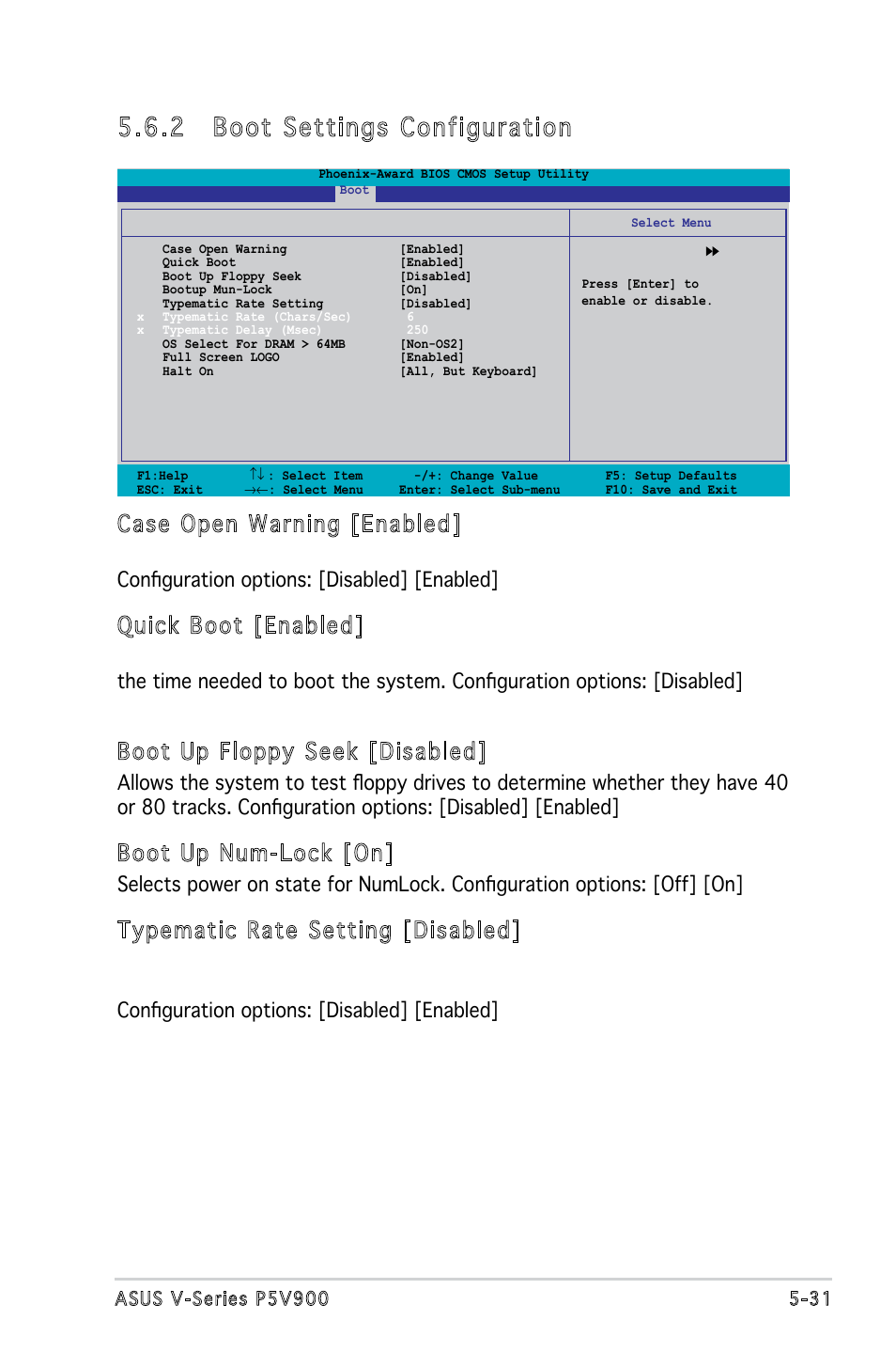 2 boot settings configuration, Case open warning [enabled, Quick boot [enabled | Boot up floppy seek [disabled, Boot up num-lock [on, Typematic rate setting [disabled | Asus P5V900 User Manual | Page 95 / 98