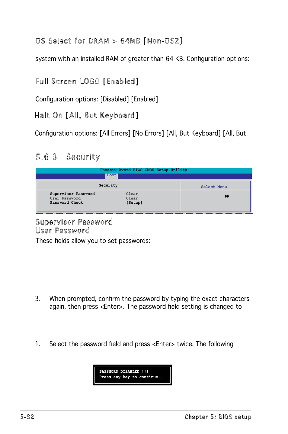 3 security, Os select for dram > 64mb [non-os2, Full screen logo [enabled | Halt on [all, but keyboard, Supervisor password user password | Asus P5V900 User Manual | Page 96 / 98