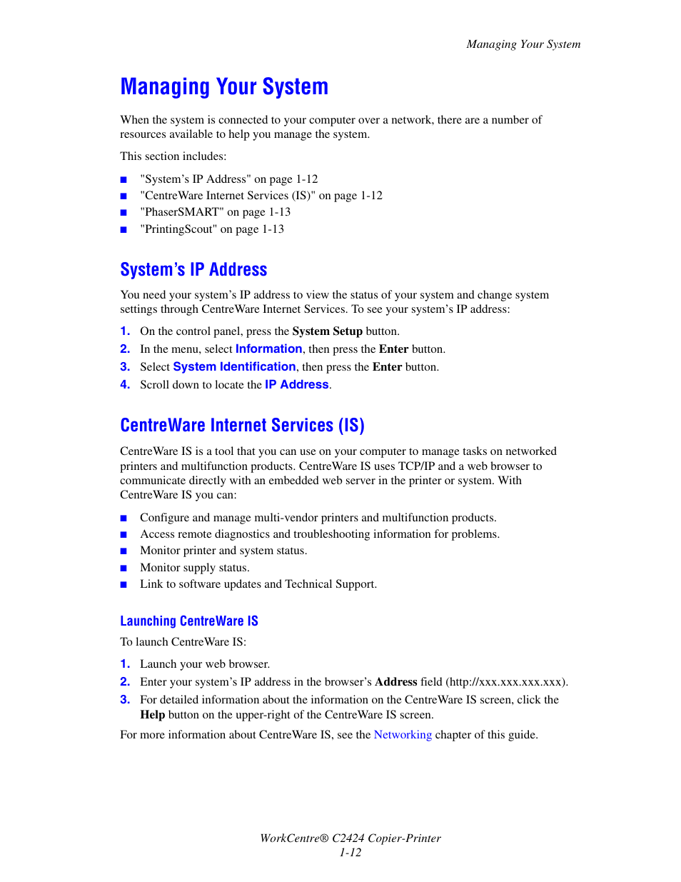 Managing your system, System’s ip address, Centreware internet services (is) | Xerox WorkCentre C2424-5979 User Manual | Page 12 / 20