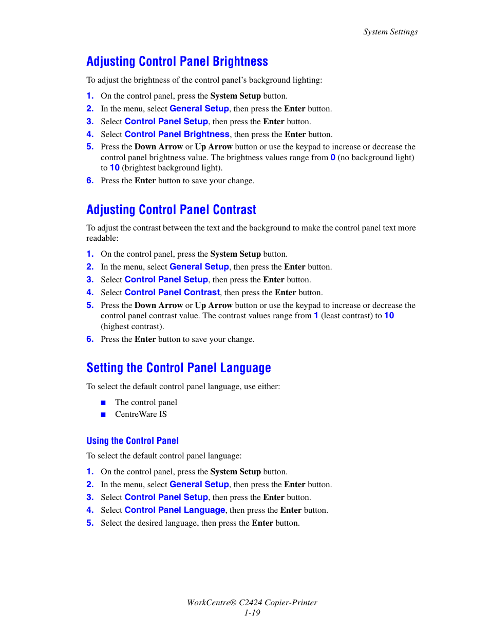 Adjusting control panel brightness, Adjusting control panel contrast, Setting the control panel language | Xerox WorkCentre C2424-5979 User Manual | Page 19 / 20