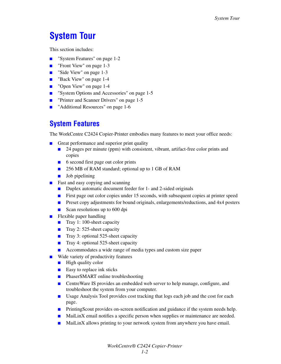 System tour, System features | Xerox WorkCentre C2424-5979 User Manual | Page 2 / 20