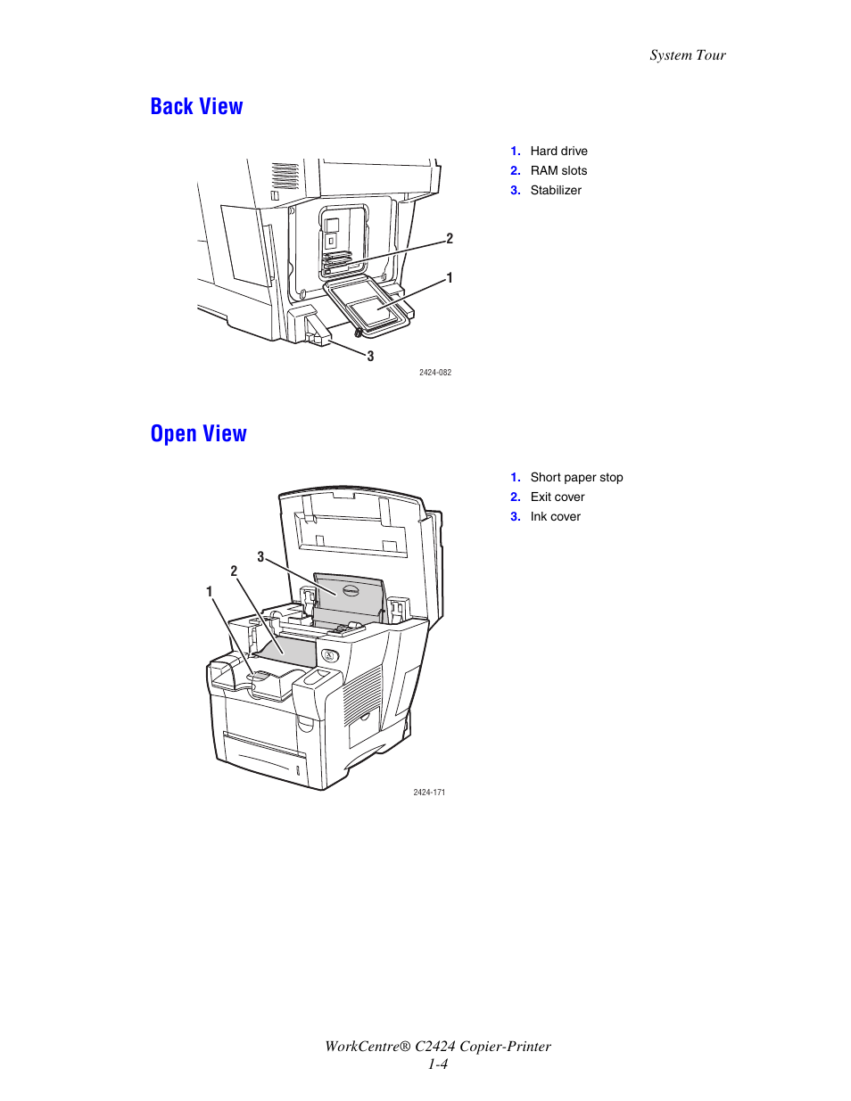 Back view, Open view | Xerox WorkCentre C2424-5979 User Manual | Page 4 / 20