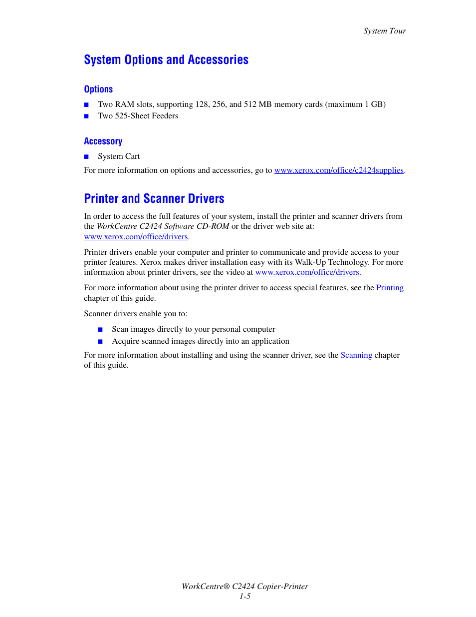 System options and accessories, Printer and scanner drivers | Xerox WorkCentre C2424-5979 User Manual | Page 5 / 20