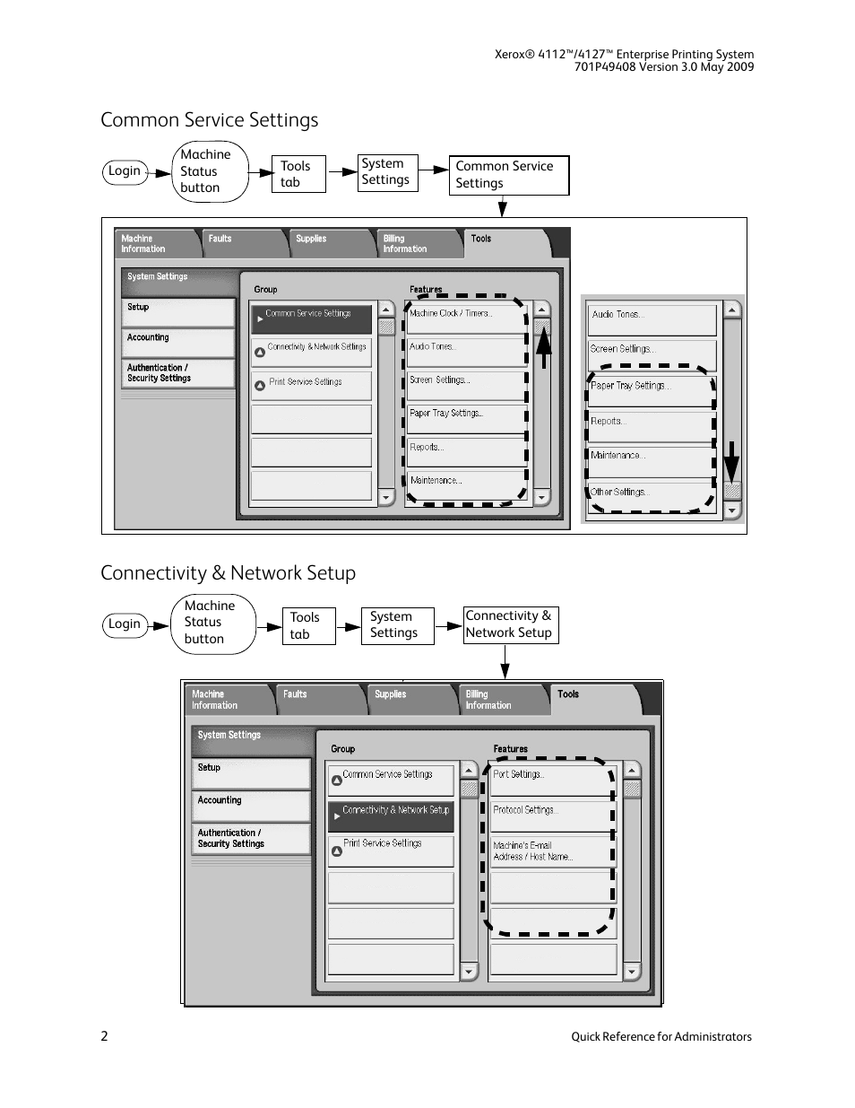 Common service settings, Connectivity & network setup | Xerox 4112-4127 Enterprise Printing System-4615 User Manual | Page 2 / 4