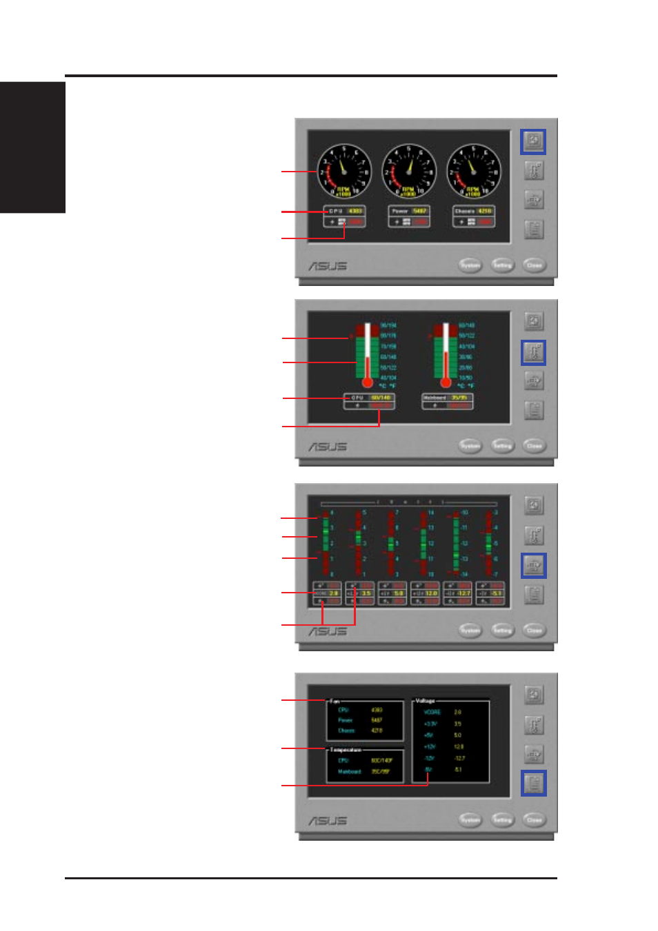 Vi. software reference, Using the asus pc probe, Fan rotation status pc temperature status | Pc voltage status, Pc status summary | Asus P2B-F User Manual | Page 60 / 80