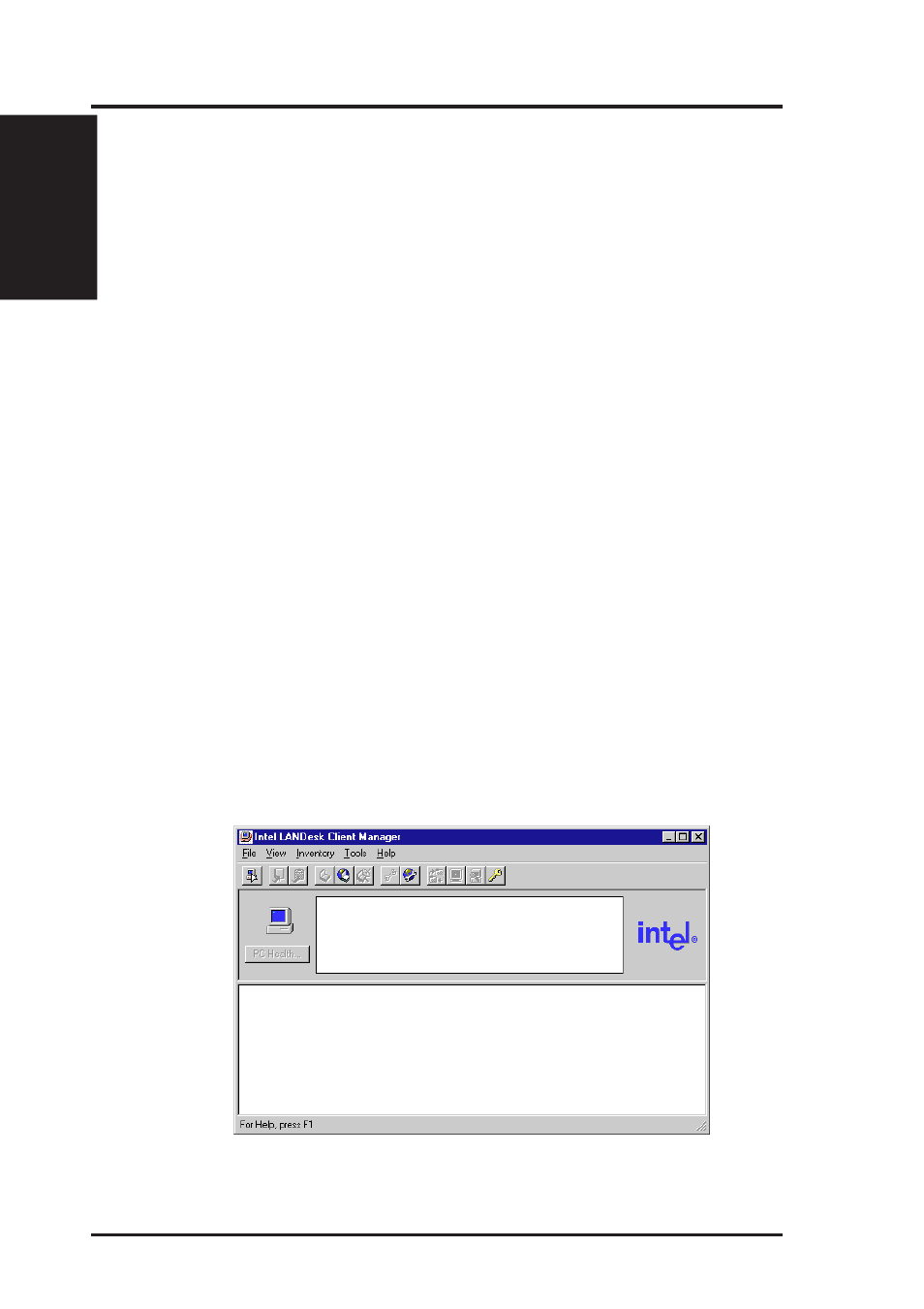 Vi. software reference, Intel landesk client manager, Main client manager window | Asus P2B-F User Manual | Page 62 / 80