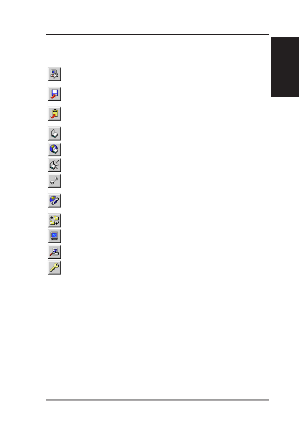 Vi. software reference, Using the taskbar icons, Toolbar descriptions | Asus P2B-F User Manual | Page 63 / 80