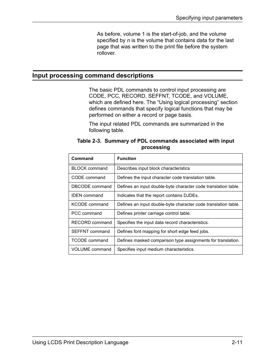 Input processing command descriptions | Xerox 4112-4127 Enterprise Printing System-192 User Manual | Page 119 / 506