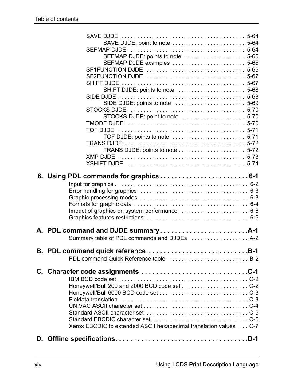 Using pdl commands for graphics 6-1, A. pdl command and djde summary a-1, B. pdl command quick reference b-1 | C. character code assignments c-1, D. offline specifications d-1 | Xerox 4112-4127 Enterprise Printing System-192 User Manual | Page 14 / 506