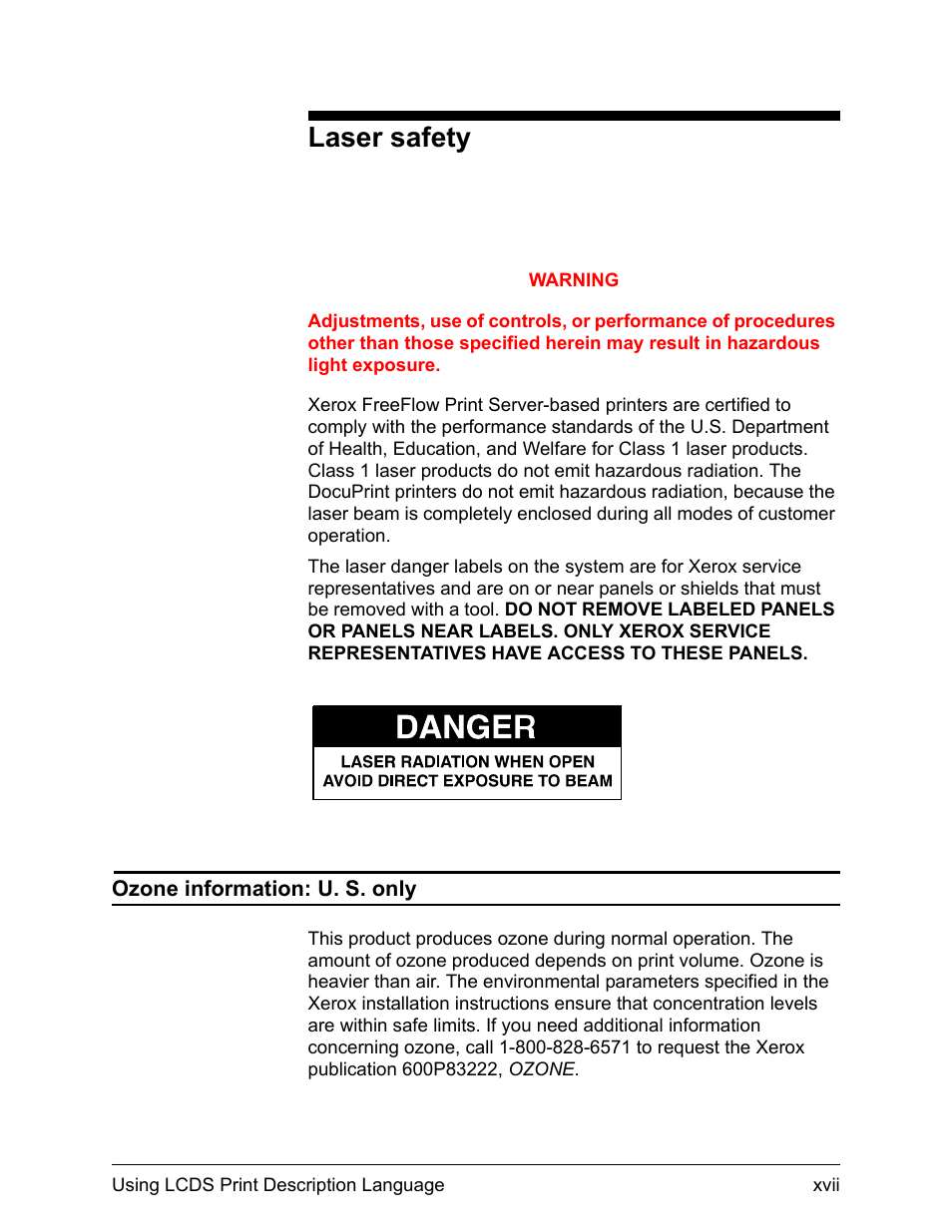 Laser safety | Xerox 4112-4127 Enterprise Printing System-192 User Manual | Page 17 / 506