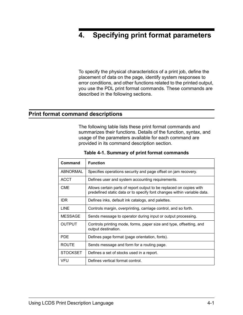 Specifying print format parameters, Print format command descriptions | Xerox 4112-4127 Enterprise Printing System-192 User Manual | Page 241 / 506