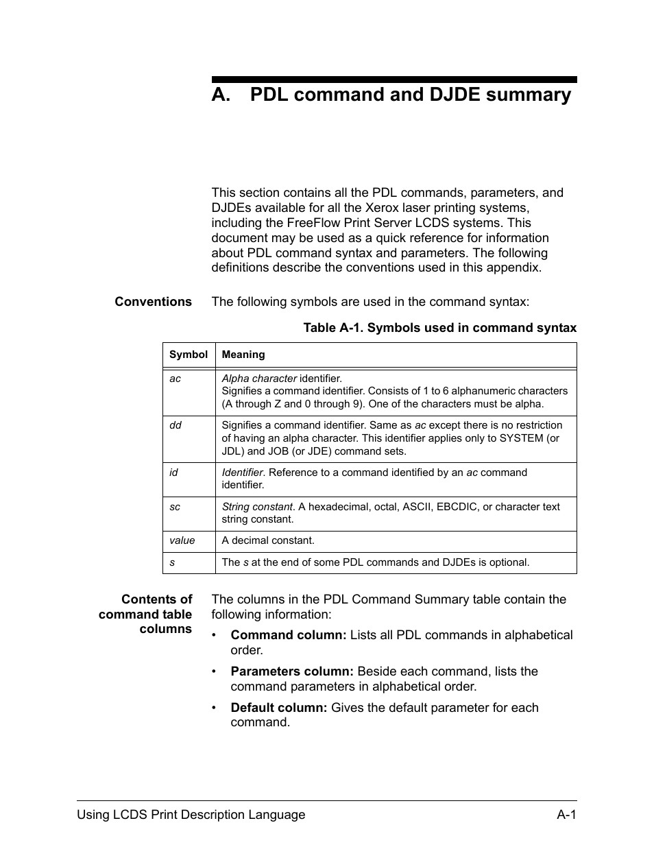 A. pdl command and djde summary | Xerox 4112-4127 Enterprise Printing System-192 User Manual | Page 437 / 506