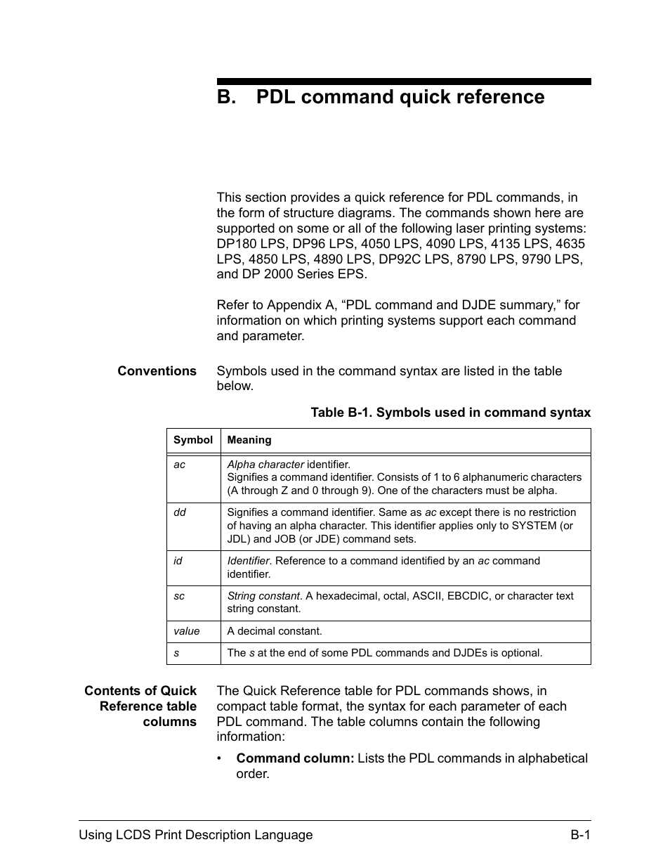 B. pdl command quick reference | Xerox 4112-4127 Enterprise Printing System-192 User Manual | Page 453 / 506