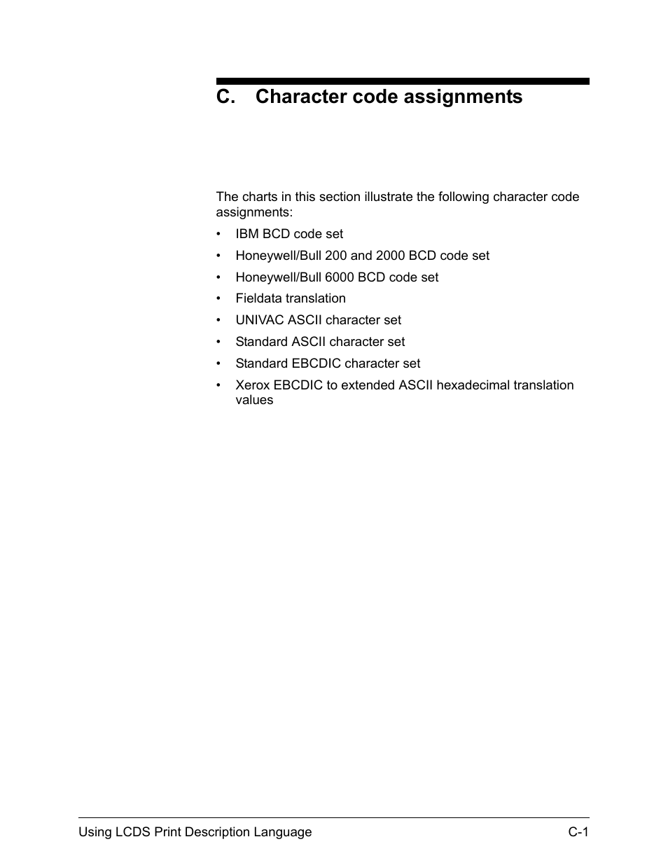 C. character code assignments | Xerox 4112-4127 Enterprise Printing System-192 User Manual | Page 463 / 506