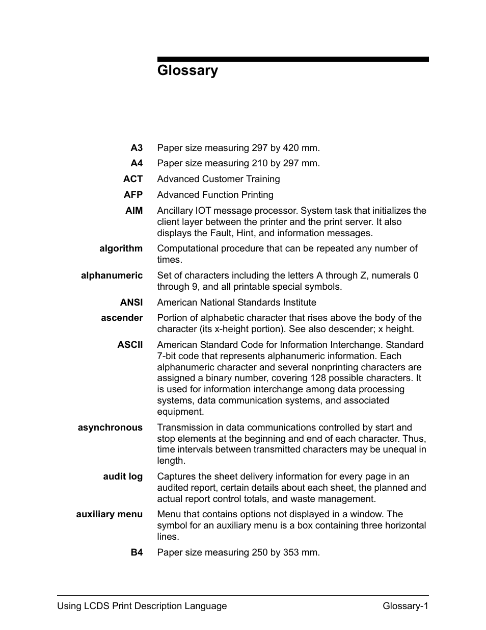 Glossary | Xerox 4112-4127 Enterprise Printing System-192 User Manual | Page 479 / 506