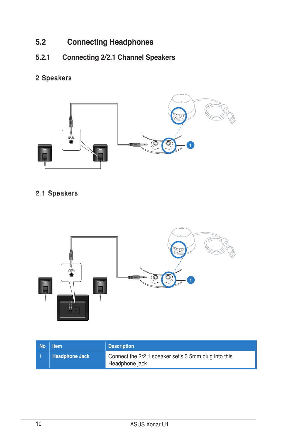 2 connecting headphones, 1 connecting 2/2.1 channel speakers | Asus External USB Audio Station Xonar U1 User Manual | Page 16 / 46