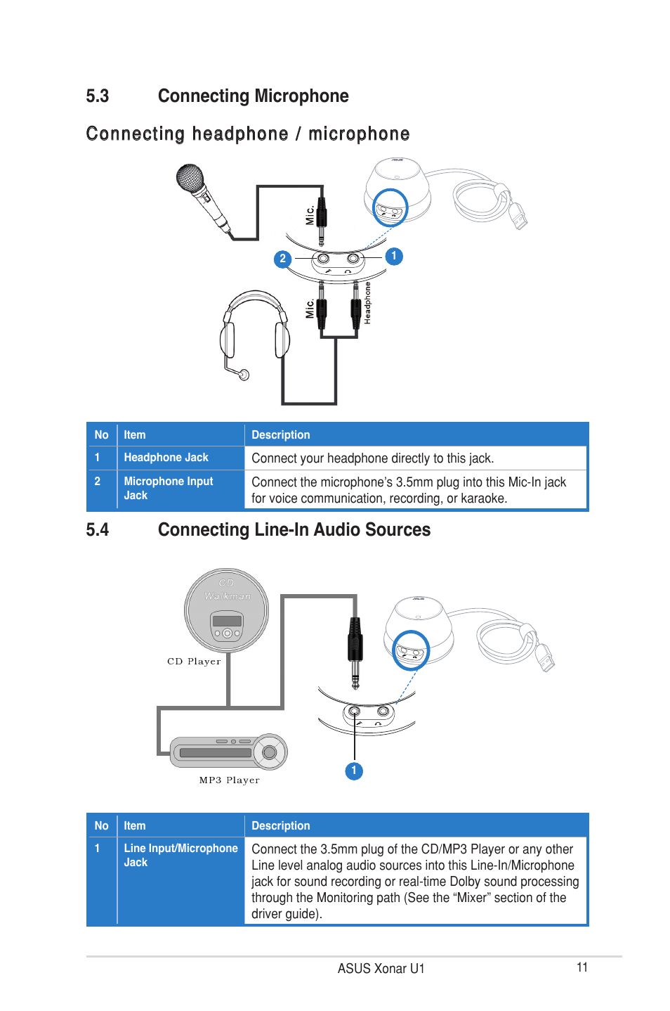 Connecting headphone / microphone | Asus External USB Audio Station Xonar U1 User Manual | Page 17 / 46
