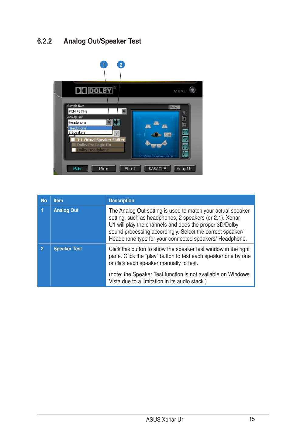 2 analog out/speaker test | Asus External USB Audio Station Xonar U1 User Manual | Page 21 / 46