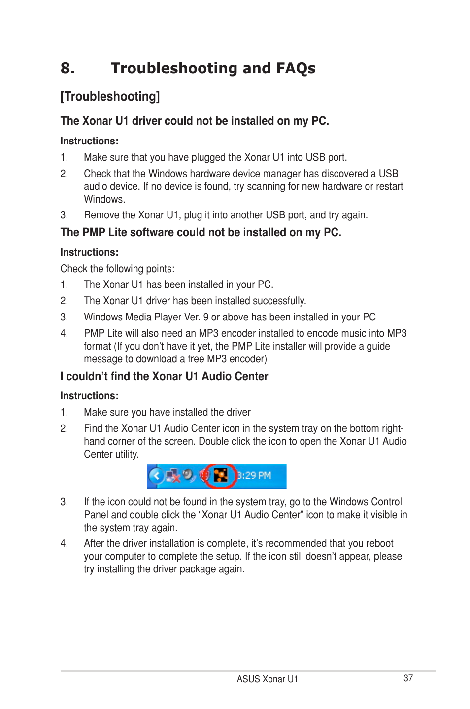 Troubleshooting and faqs, Troubleshooting | Asus External USB Audio Station Xonar U1 User Manual | Page 43 / 46