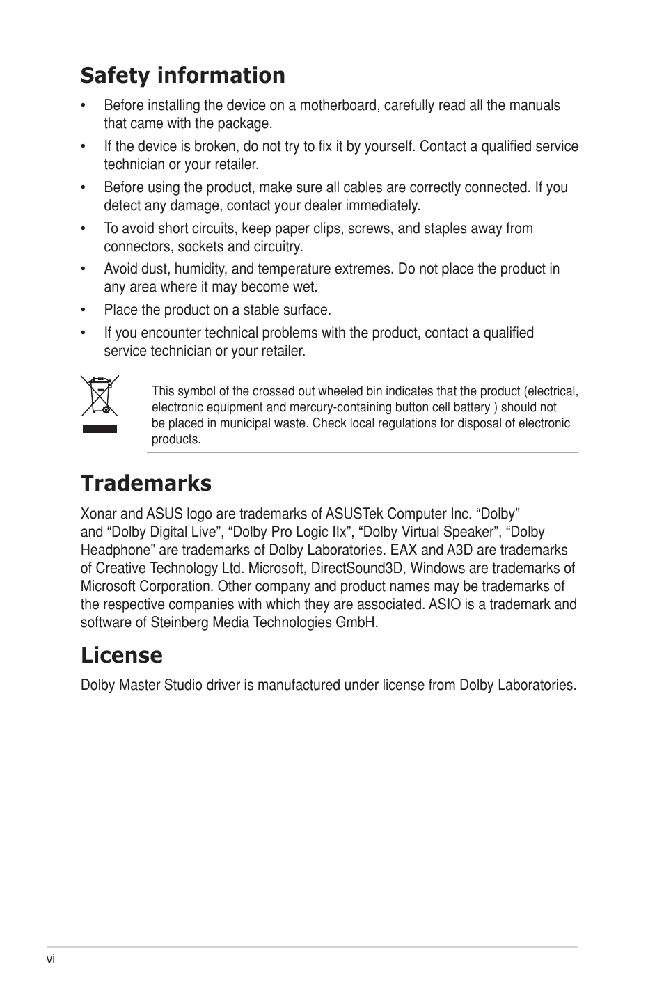 Safety information, Trademarks, License | Asus External USB Audio Station Xonar U1 User Manual | Page 6 / 46