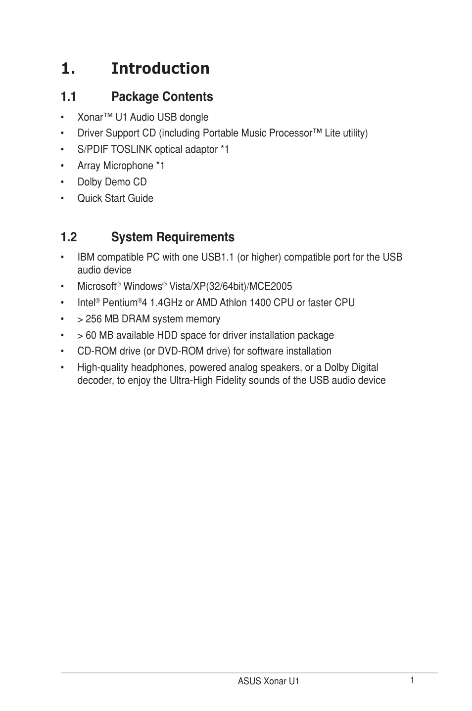 Introduction, 1 package contents, 2 system requirements | Asus External USB Audio Station Xonar U1 User Manual | Page 7 / 46