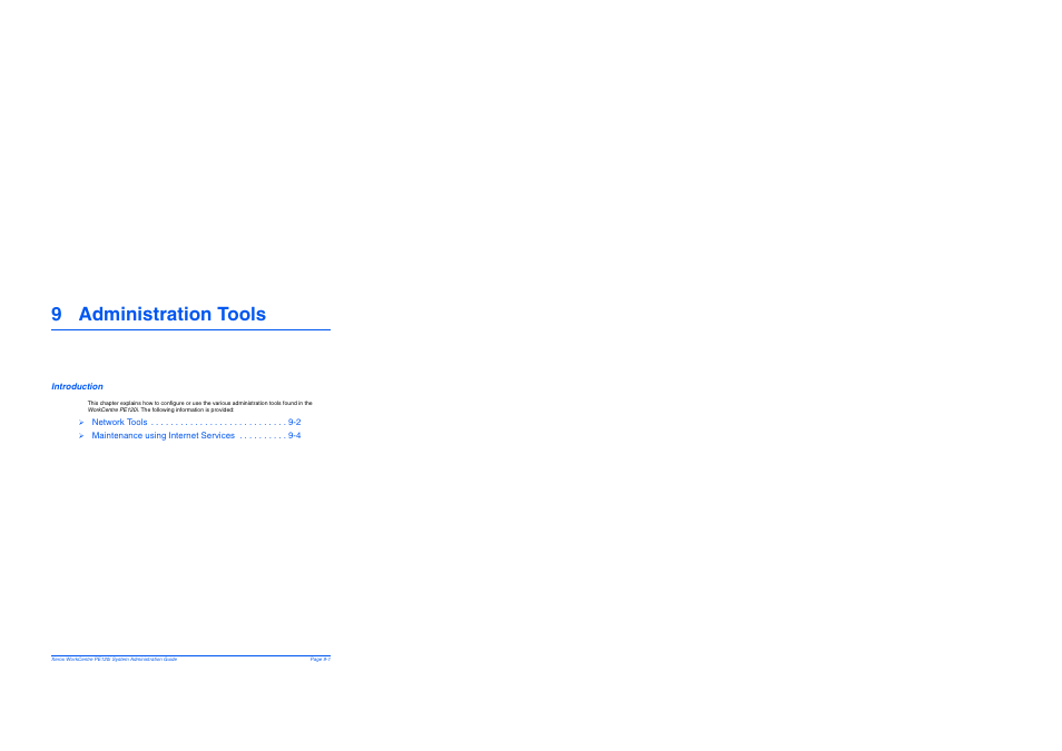 9 administration tools, Introduction, 9 administration tools -1 | Introduction -1 | Xerox WorkCentre PE120-120i-4396 User Manual | Page 113 / 131