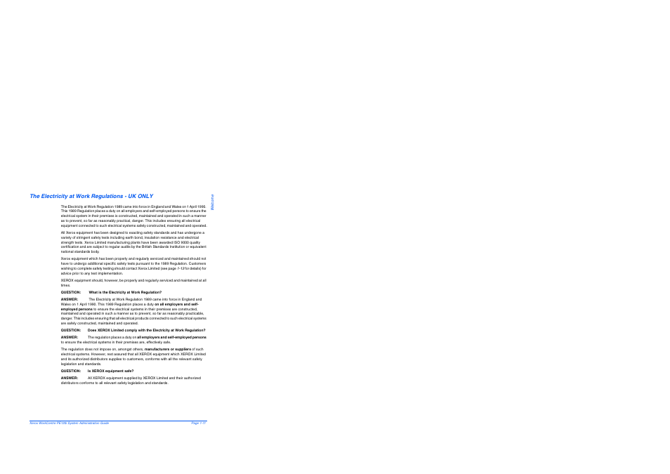 The electricity at work regulations - uk only, The electricity at work regulations - uk only -11 | Xerox WorkCentre PE120-120i-4396 User Manual | Page 17 / 131