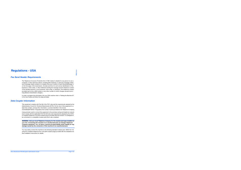 Regulations - usa, Fax send header requirements, Data coupler information | Regulations - usa -15 | Xerox WorkCentre PE120-120i-4396 User Manual | Page 21 / 131