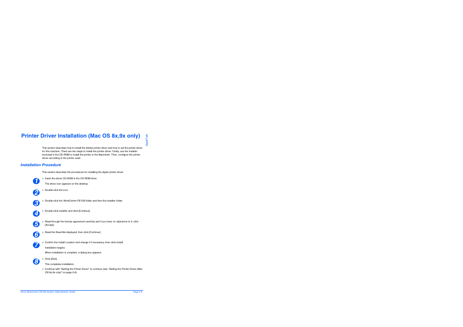 Printer driver installation (mac os 8x,9x only), Installation procedure, Printer driver installation (mac os 8x,9x only) -5 | Installation procedure -5 | Xerox WorkCentre PE120-120i-4396 User Manual | Page 61 / 131