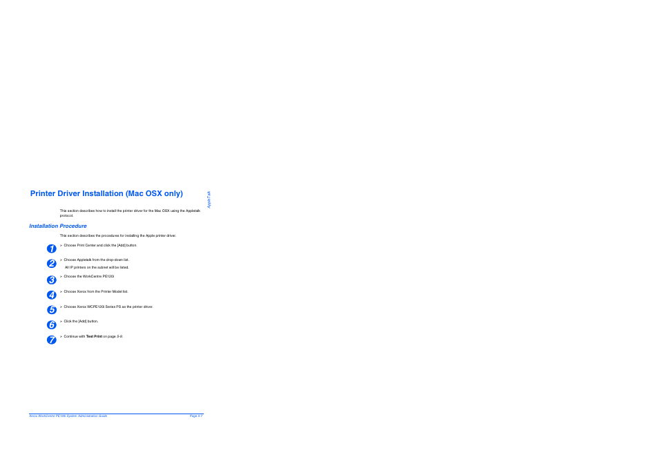 Printer driver installation (mac osx only), Installation procedure, Printer driver installation (mac osx only) -7 | Installation procedure -7 | Xerox WorkCentre PE120-120i-4396 User Manual | Page 63 / 131