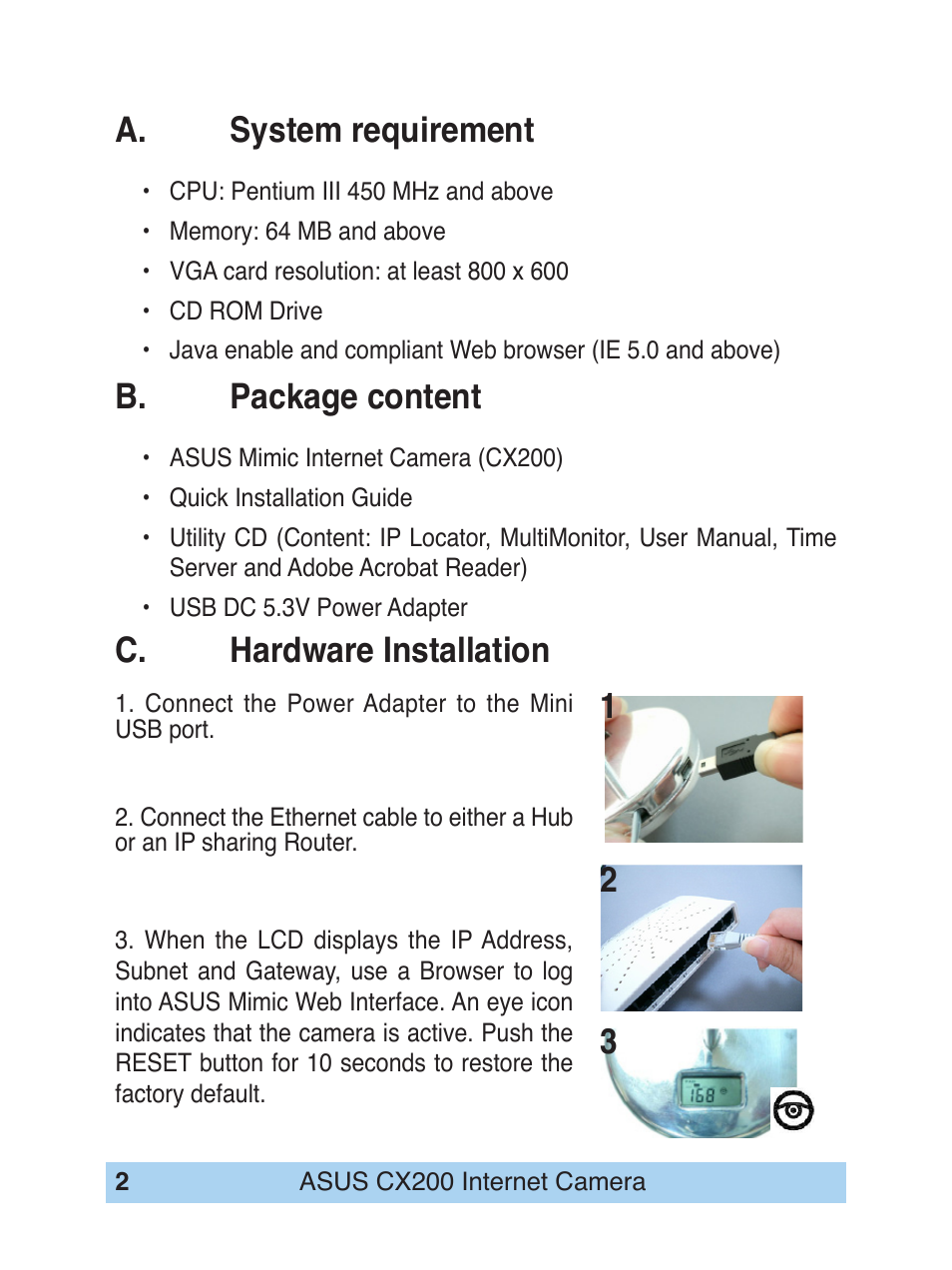 A. system requirement, C. hardware installation b. package content | Asus Mimic Internet Camera CX200 User Manual | Page 2 / 5