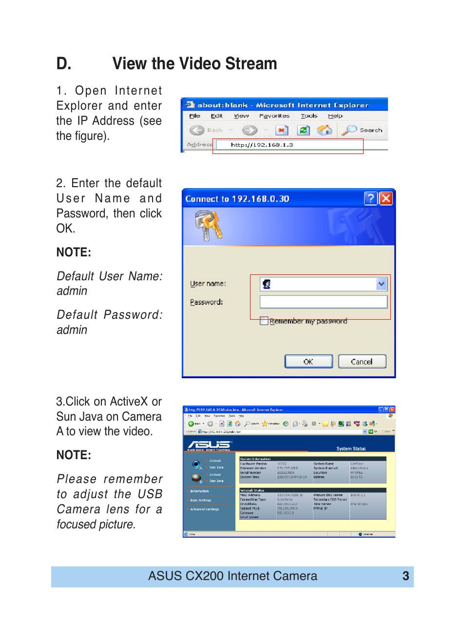 D. view the video stream | Asus Mimic Internet Camera CX200 User Manual | Page 3 / 5