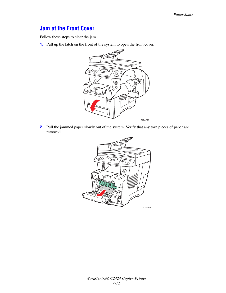 Jam at the front cover | Xerox WorkCentre C2424-5986 User Manual | Page 12 / 57