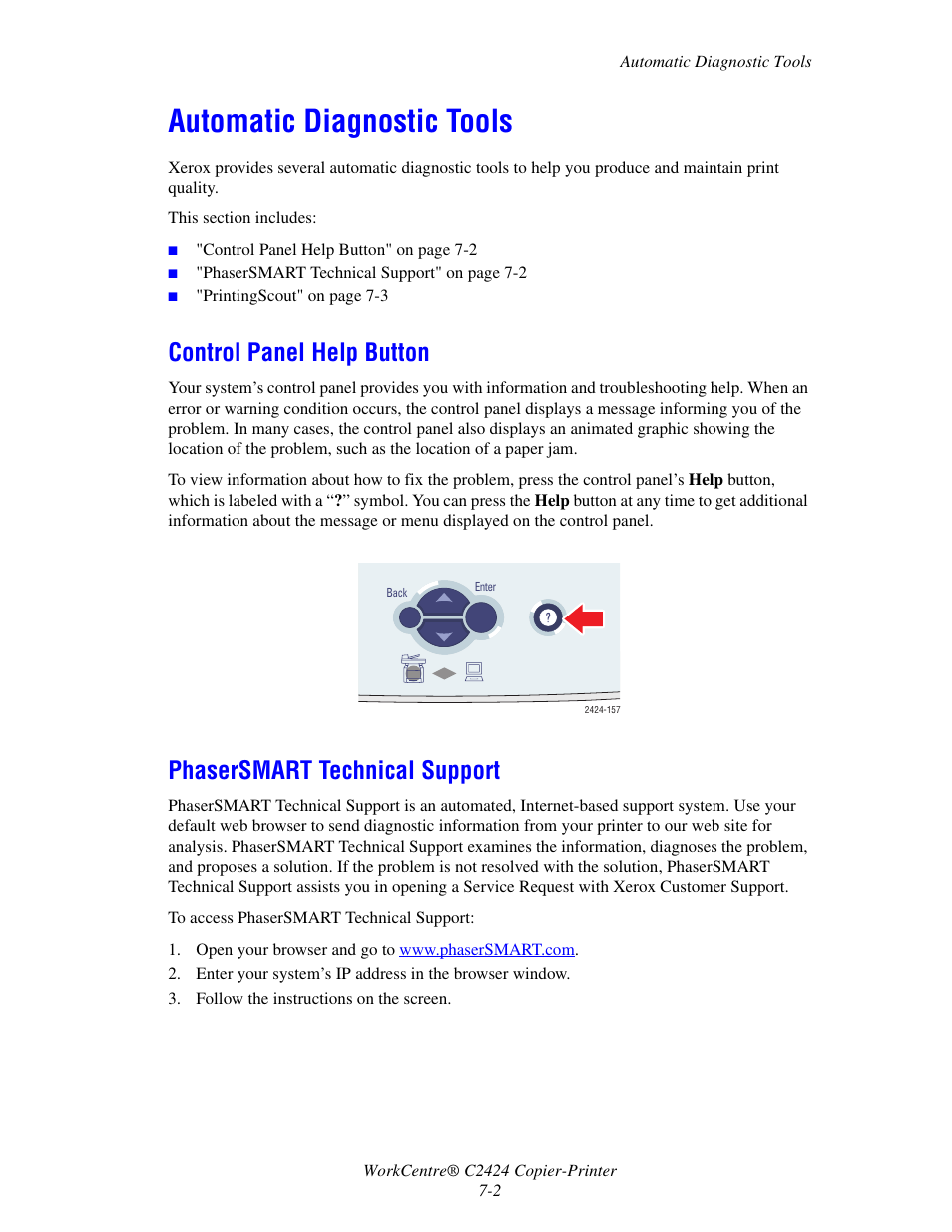 Automatic diagnostic tools, Control panel help button, Phasersmart technical support | Xerox WorkCentre C2424-5986 User Manual | Page 2 / 57