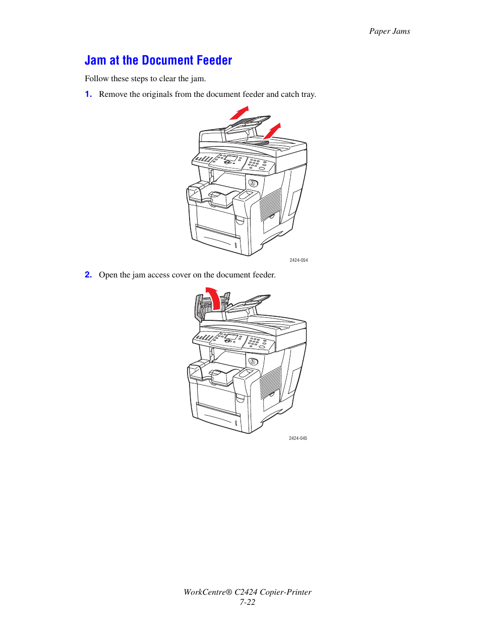 Jam at the document feeder | Xerox WorkCentre C2424-5986 User Manual | Page 22 / 57