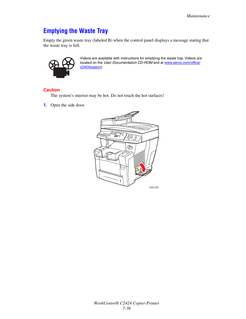 Emptying the waste tray | Xerox WorkCentre C2424-5986 User Manual | Page 36 / 57