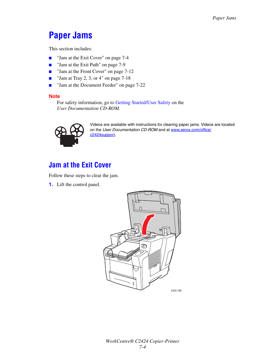 Paper jams, Jam at the exit cover | Xerox WorkCentre C2424-5986 User Manual | Page 4 / 57