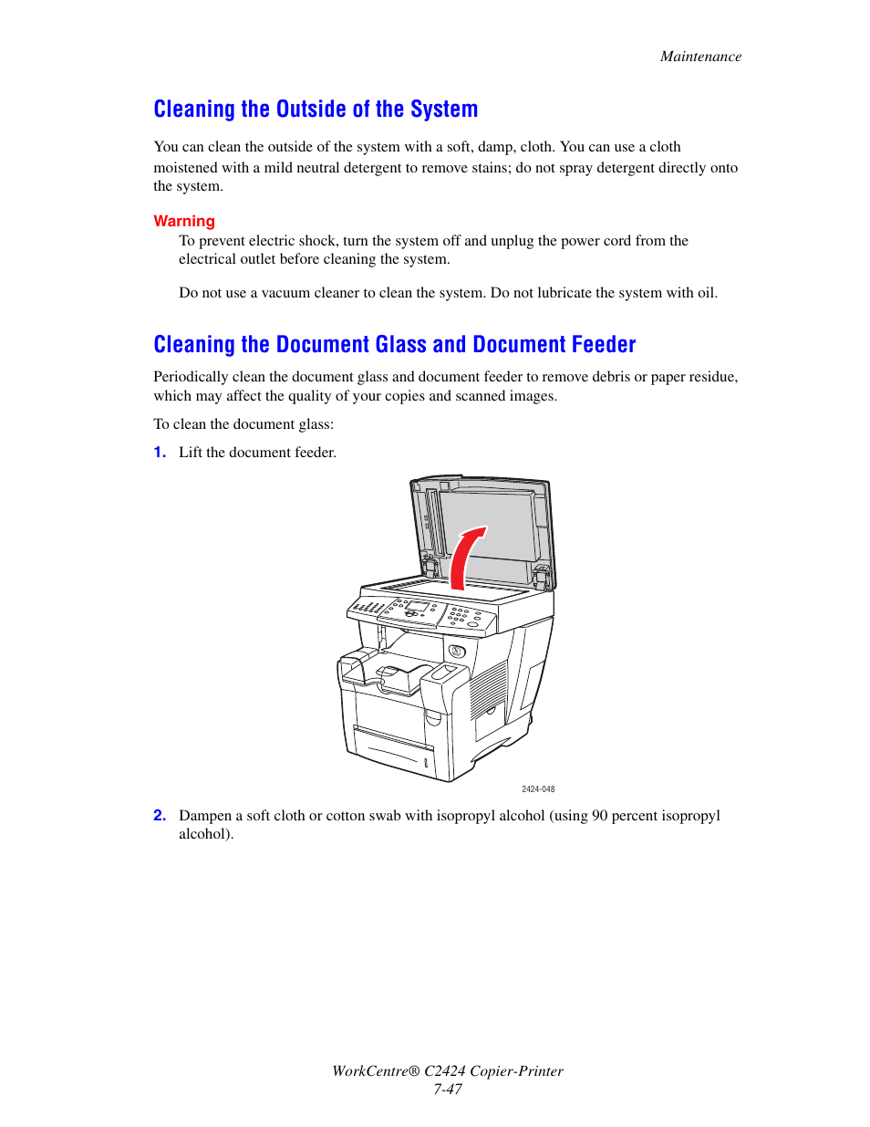 Cleaning the outside of the system, Cleaning the document glass and document feeder | Xerox WorkCentre C2424-5986 User Manual | Page 47 / 57