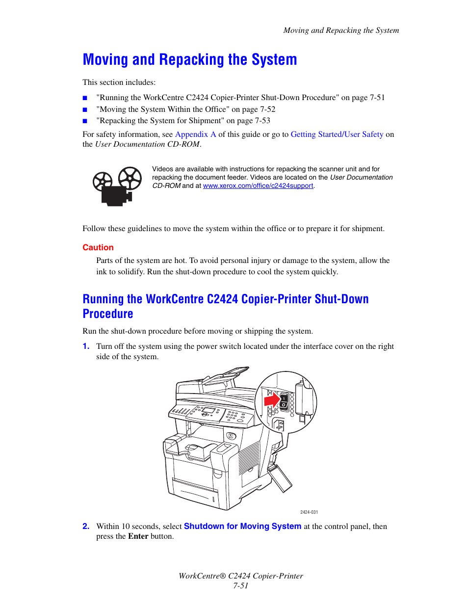 Moving and repacking the system | Xerox WorkCentre C2424-5986 User Manual | Page 51 / 57