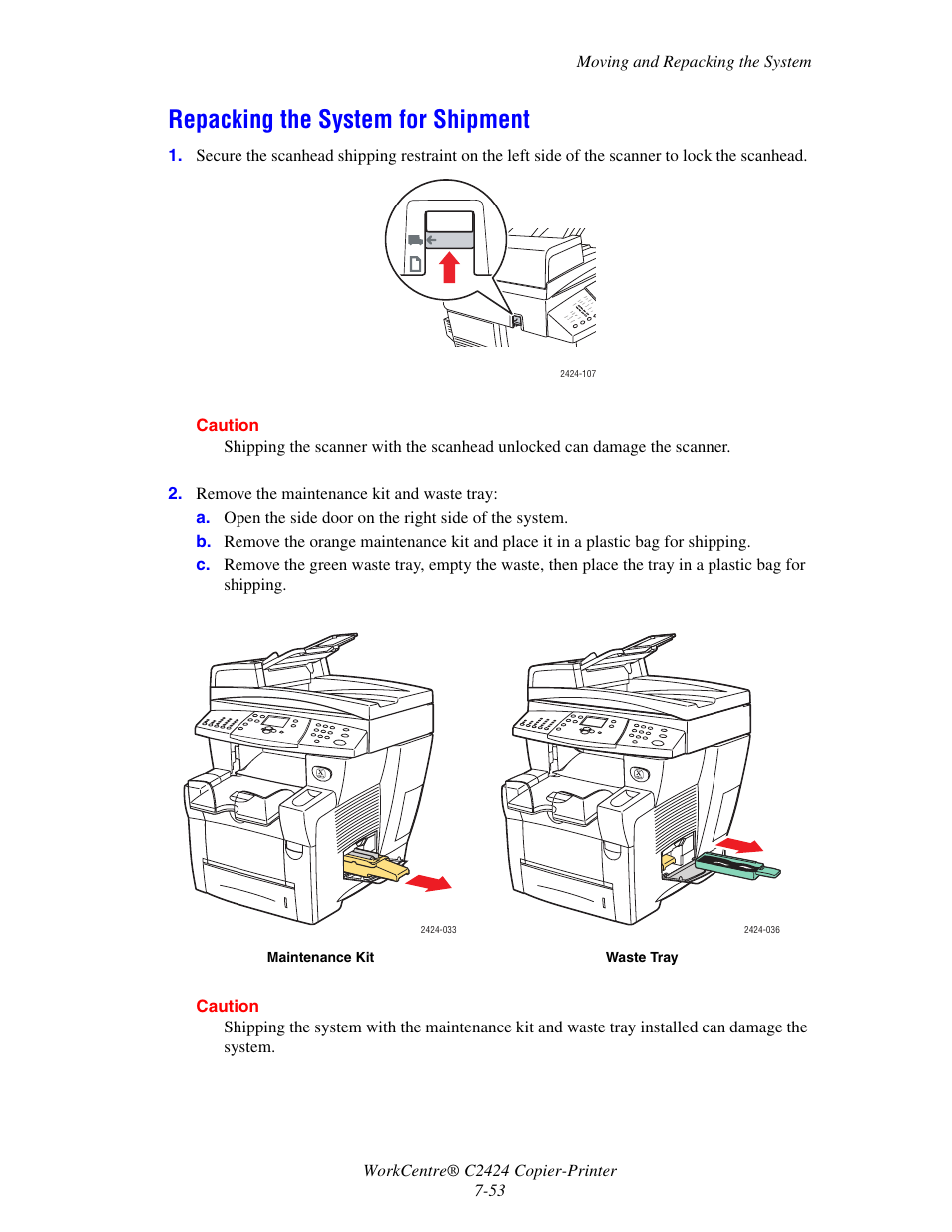 Repacking the system for shipment | Xerox WorkCentre C2424-5986 User Manual | Page 53 / 57