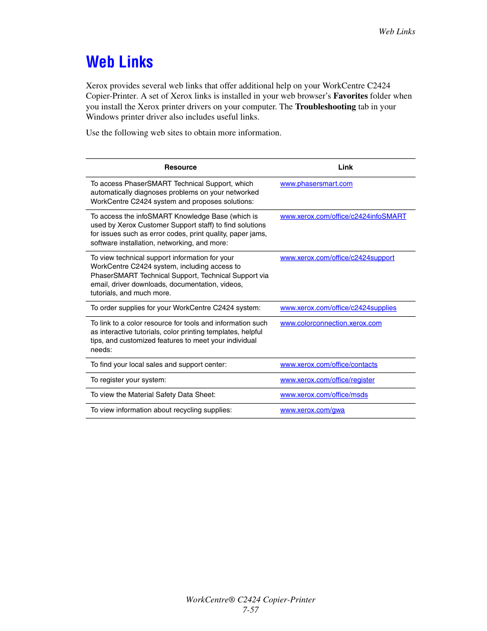 Web links | Xerox WorkCentre C2424-5986 User Manual | Page 57 / 57