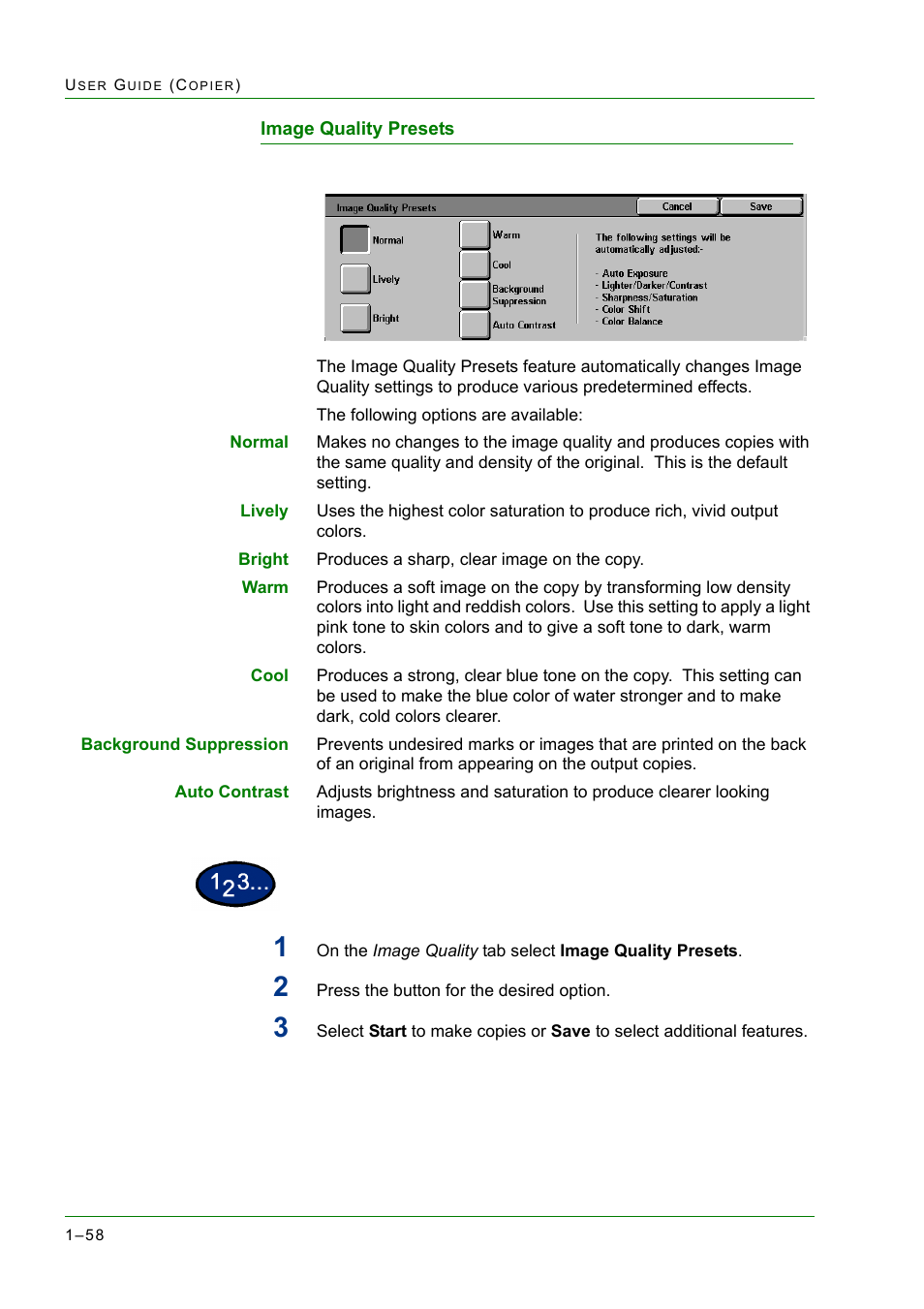 Image quality presets, Image quality presets 1-58, Image quality presets 58 | Xerox WorkCentre M24-2780 User Manual | Page 100 / 441