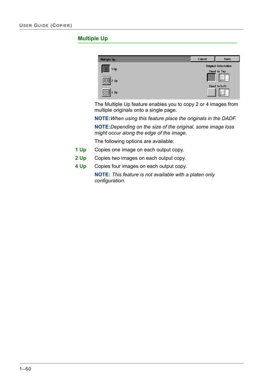 Multiple up, Multiple up 1-60, Multiple up 60 | Xerox WorkCentre M24-2780 User Manual | Page 102 / 441