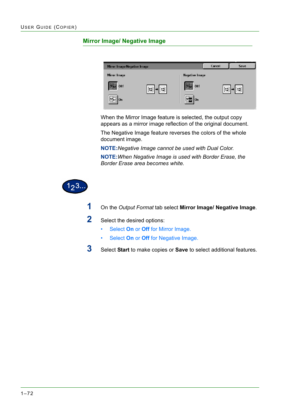 Mirror image/ negative image, Mirror image/ negative image 1-72, Mirror image/ negative image 72 | Xerox WorkCentre M24-2780 User Manual | Page 114 / 441