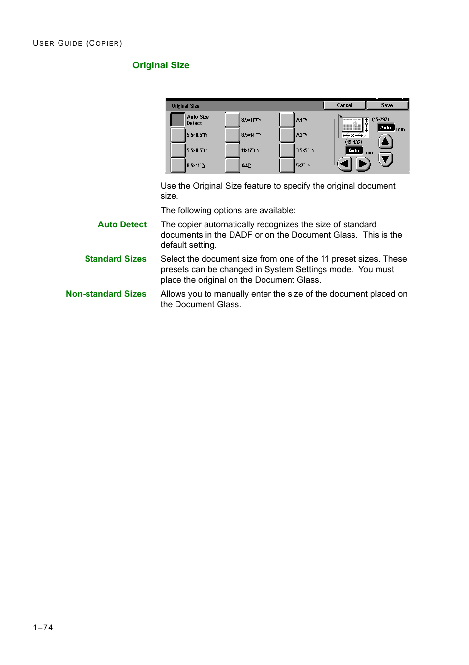 Original size, Original size 1-74, Original size 74 | Xerox WorkCentre M24-2780 User Manual | Page 116 / 441