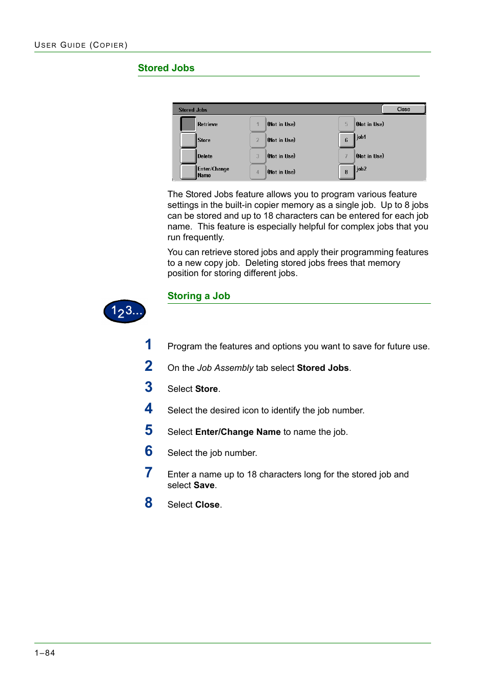 Stored jobs, Stored jobs 1-84, Stored jobs 84 | Xerox WorkCentre M24-2780 User Manual | Page 126 / 441