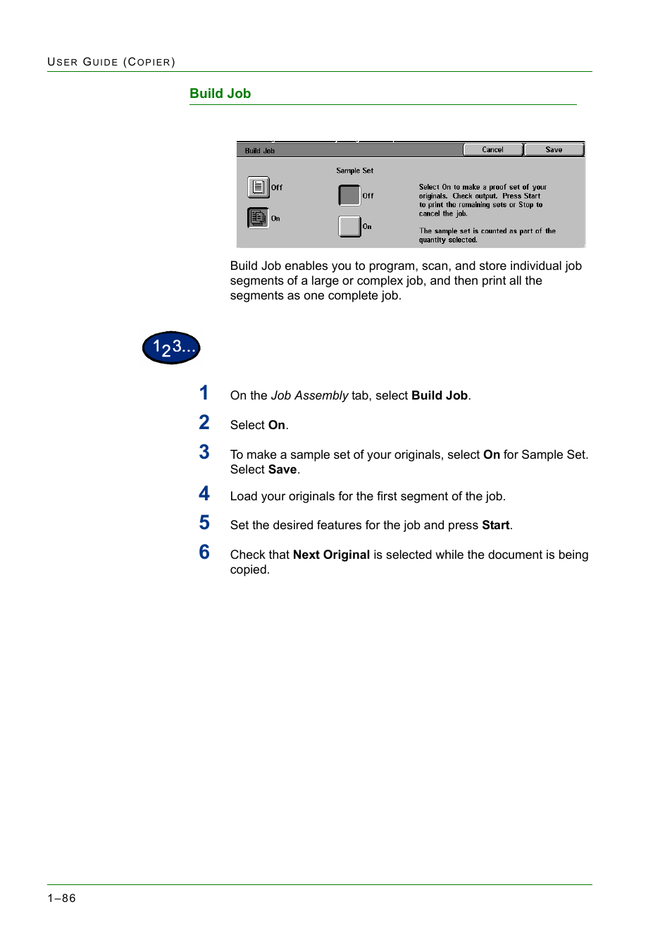 Build job, Build job 1-86, Build job 86 | Xerox WorkCentre M24-2780 User Manual | Page 128 / 441