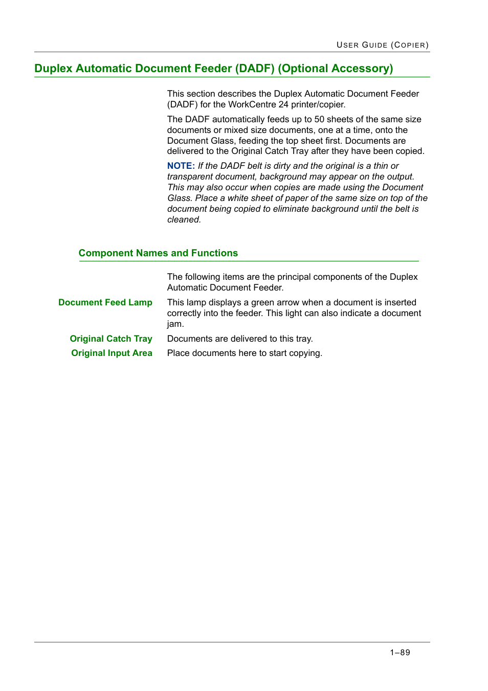 Component names and functions, Duplex automatic document feeder (dadf) (optional, Accessory) 1-89 | Component names and functions 1-89, Accessory) 89, Component names and functions 89 | Xerox WorkCentre M24-2780 User Manual | Page 131 / 441