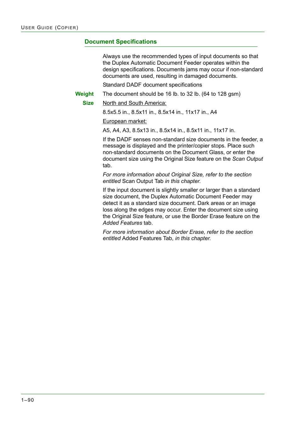 Document specifications, Document specifications 1-90, Document specifications 90 | Xerox WorkCentre M24-2780 User Manual | Page 132 / 441